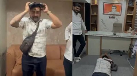 Image of influencer Mahesh Mote apologizing for allegedly mocking MNS chief Raj Thackeray. In the image He was seen doing sit-ups with his footwear on his head and black ink on his face.