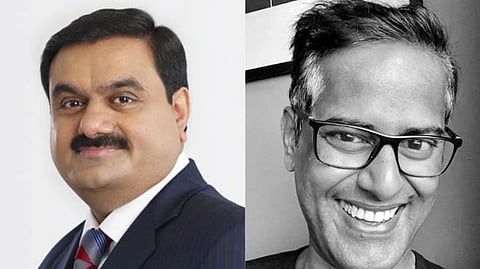 Left image is of Gautam Adani the Chairman of Adani Group. right black and white selfie image is of journalist Ravi Nair