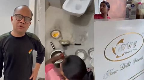 Image from the new delhi sweet shop in chattisgarh's korba where a woman was seen washing utensils inside the washroom.