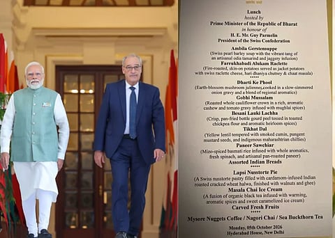 left image is of Pm Modi and Swiss president Guy Parmelin walking and right image is of a menu for a lunch hosted by PM Modi in Delhi.