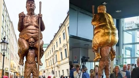 Image of a golden naked Trump statue on display in European parliament. the sculpture is by Jens Galschiøt