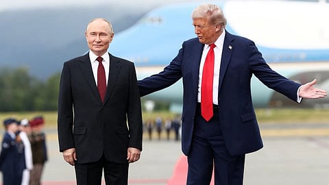US President Donald Trump standing with Russian President Vladimir Putin