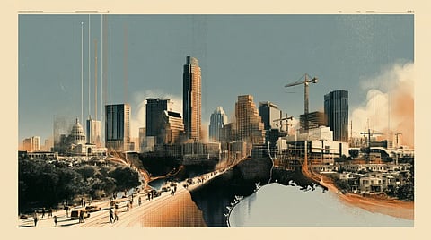 Warm-toned illustration of a modern city under construction, with glass towers, a crane, and pedestrians on a park path; hopeful, lively mood.