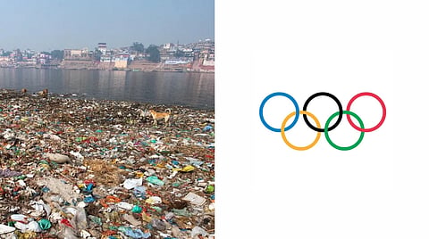 A post reading “It’s gonna go great” shows swimmers competing through trash-filled water, with Olympic rings and a crowded riverbank behind them; the tone is darkly sarcastic.