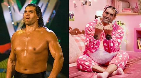 Left image is of Great Khali during WWE Monday Night Raw 800th Tampa. Right image is te latest netflix collab with Khali in pink onesie