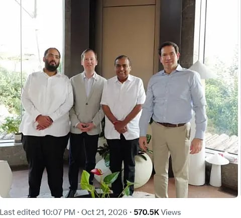 Mukesh Ambani meeting with Marco Rubio and US Ambessador to India, Sergio Gor
