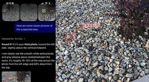 Image of chatgpt sending an image telling a user on where to locate his lost earbud on a sack of gravel.