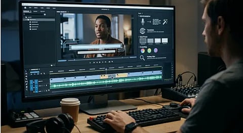 A man focused on editing a video on his computer screen, showcasing a video editing software interface.