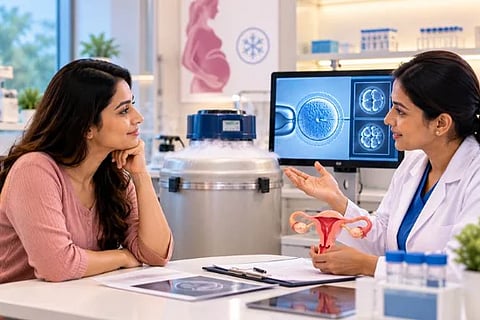 Image of a woman sitting in front of a doctor and talking to her about her condition