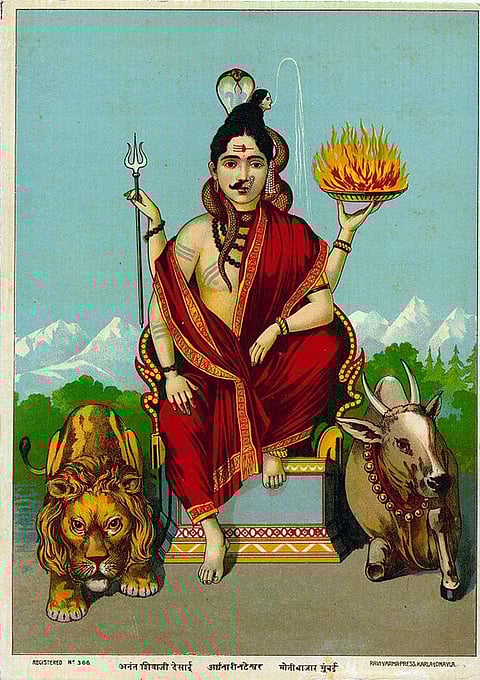 Ardhanarishvara was created by the combination of Shiva with Parvati. The right half of this image depicts Shiva in a tiger skin skirt. The left half shows Parvati holding a lotus.