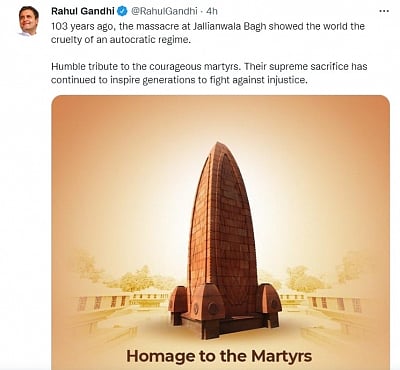 On the 103rd anniversary of Jallianwala Bagh, the Congress paid tributes to the martyrs and attacked the current government over alleged "authoritarian mentality" and said in new India it's same "tyranny". (IANS)