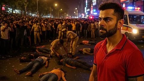 सरकारी रिपोर्ट में विराट कोहली का विशेष रूप से उल्लेख किया गया है। कोहली RCB के सबसे चर्चित और लोकप्रिय चेहरों में से एक हैं। (Sora AI)