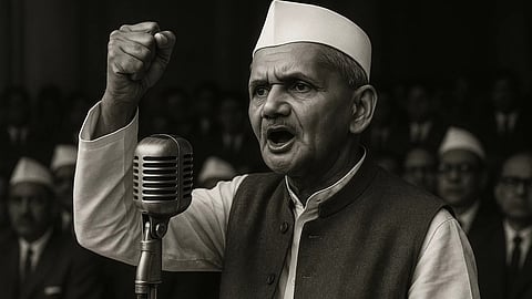 शास्त्री जी (Lal Bahadur Shastri) लोगों को प्रेरित कर रहे हैं