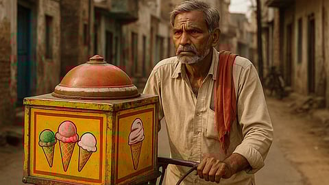 इस तस्वीर में एक आदमी है, जिनका नाम है दिवाया राम, इनके कंधे पर लाल गमछा है और यह आइसक्रीम बेचने जा रहें हैं।