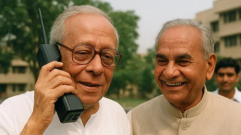 31 जुलाई 1995 को ज्योति बसु और सुखराम के बीच हुई पहली मोबाइल कॉल ने भारत में संचार की क्रांति की नींव रखी। (Sora AI)