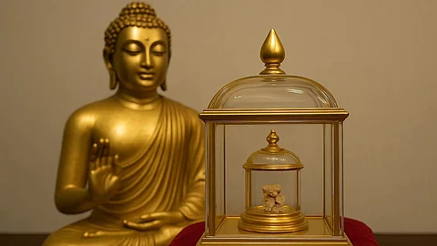 पिपरहवा से मिले भगवान बुद्ध के पवित्र अवशेष 127 साल बाद भारत लौटे। (Sora AI)