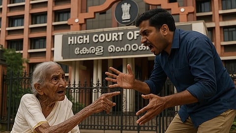केरल उच्च न्यायालय (Kerala High Court) के बाहर लड़ते माँ और बेटा