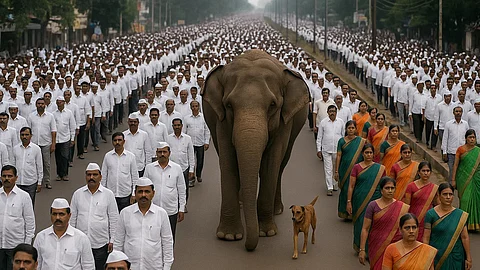 32 साल से कोल्हापुर के जैन मठ में रह रही हथिनी 'महादेवी' को PETA की शिकायत पर वंतारा भेजा गया। (Sora AI)
