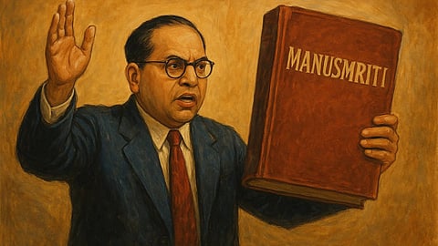 "मनुस्मृति"(Manusmriti) को हाथ में पकडे डॉ भीमराव अंबेडकर की तस्वीर