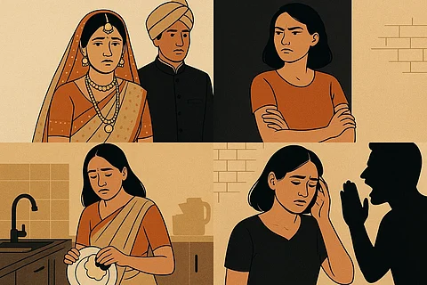 एक महिला शादी के कपड़ों में उदास है, पति उसके पास खड़ा है।
दूसरे फ्रेम में एक लड़की गुस्से से हाथ बांधे खड़ी है।
तीसरे में वही महिला रसोई में बर्तन धोते हुए दुखी है।
चौथे में एक आदमी चिल्ला रहा है और महिला सिर पकड़कर उदास खड़ी है।