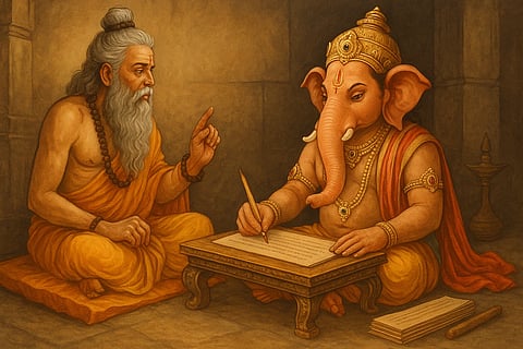 गणेश जी और वेद व्यास जी बैठे है, वेद व्यास गणेश को रामायण ससुना रहे है और गणेश उसे लिख रहे है