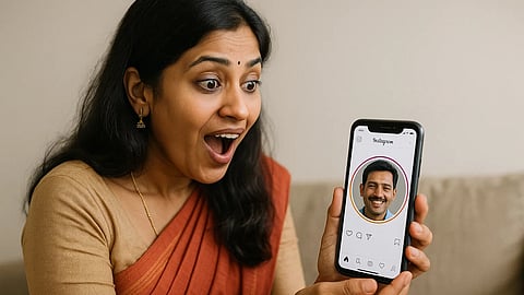 इस तस्वीर में एक महिला है और उनसे एक फ़ोन हाथ में लिया है जिस में एक पुरुष की तस्वीर है