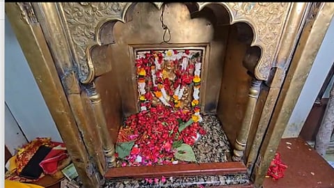 मां कात्यायनी की मूर्ति जिस पर फूल चढ़े है