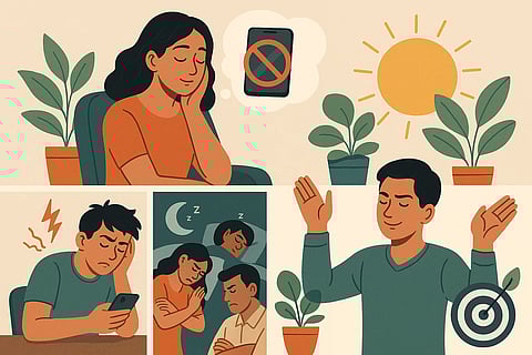 एक कोलाज जिसमें एक महिला फोन-फ्री समय, पौधों, सूरज और आराम करते व्यक्ति के बारे में सोच रही है। तस्वीर में तनाव, नींद और जीवन संतुलन के प्रतीक भी दिखाए गए हैं – मानसिक स्वास्थ्य और डिजिटल डिटॉक्स का चित्रण।