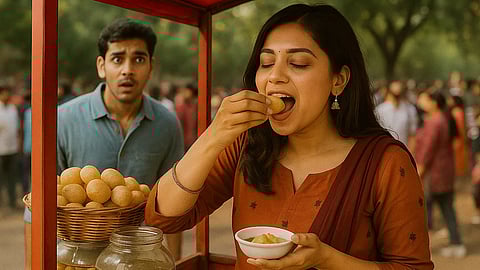 A woman is enjoying golgappa (pani puri) at a street food stall, holding a small bowl in one hand and eating.Behind her, a man looks surprised or shocked.