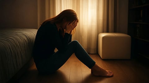 एक महिला बिस्तर के सामने फर्श पर बैठी है, आरामदायक बेडरूम में चिंतनशील और आराम से दिख रही है।