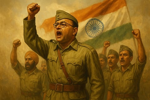 A painting of Indian soldiers from the Azad Hind Fauj raising their fists in unity, with a leader in military uniform passionately shouting “Jai Hind” in front of the Indian tricolor flag.