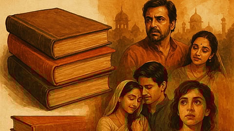 भारतीय ड्रामा सीरीज़ का चित्रण पोस्टर जिसमें परिवार की भावनाएं और पुराने समय की किताबें गर्म रंगों में दिखाई गई हैं भारतीय साहित्य और रिश्तों से प्रेरित कलात्मक प्रस्तुति।