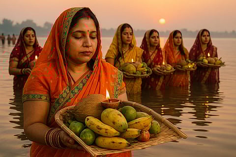 इस तस्वीर में एक नदी है, जिसमें अनेक महिलाएँ छठ पूजा करती हुई दिखाई दे रही हैं। सभी पानी में खड़ी है और हाथ में सुप लिए हुए है।