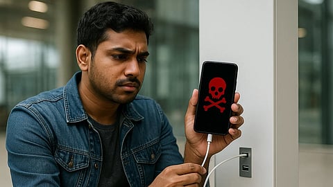 एक युवा बैठ कर अपने फोन को गंभीर रूप से देखते हुए चार्ज में लगा रहा है