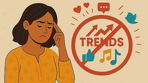 Ek ladki pareshan khadi hai ser pe hath rkhke aur trends likha hua hai sath hi twitter ka logo bhi bnna hai