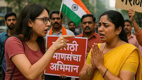 Do mahilaye apas mai ladayi karte huye. aur kuch log protest karte huye