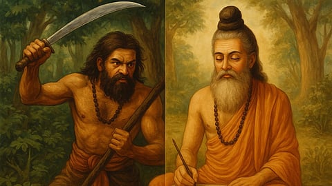 एक व्यक्ति हाथ में तलवार लिए हुए और एक जंगल में ध्यान करते हुए