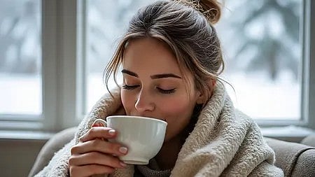 एक लड़की कप में गर्म पेय पीते हुए बैठी है, जुकाम से राहत के लिए घरेलू उपाय अपना रही है|