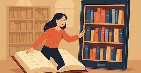 यह तस्वीर आधुनिक समय की ई-लाइब्रेरी संस्कृति और नई साहित्यिक खोजों की प्रतीक है। इसमें एक युवती को दिखाया गया है जो एक टैबलेट पर ई-बुक पढ़ रही है। उसके आस-पास पुरानी शैली की लकड़ी की अलमारियाँ हैं, जिनमें पारंपरिक किताबें सजी हुई हैं, यह दृश्य पुराने और नए ज्ञान संसार के संगम को खूबसूरती से दर्शाता है।