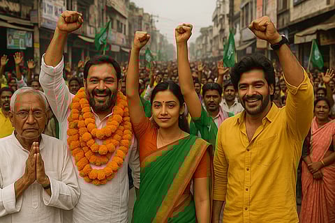 इस तस्वीर में नीतीश कुमार चुनाव प्रचार करते हुए दिखाई दे रहे हैं, जहाँ उनके साथ बड़ी संख्या में लोगों की भीड़ मौजूद है।