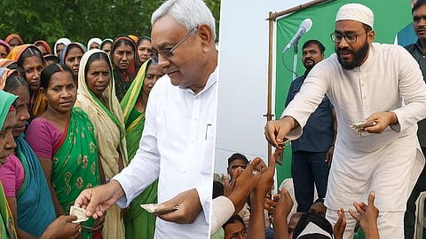 चुनावी मंच पर उम्मीदवार तौसीफ आलम और नीतीश कुमार अपने समर्थकों को पैसे बांटते हुए दिखाई दे रहे हैं, जहाँ उनके सामने बड़ी संख्या में जनता मौजूद है।