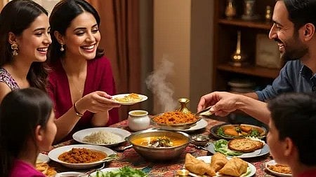 परिवार रात का खाना साथ में खा रहा है|