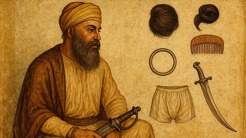 इस तस्वीर में पांच ककार को दिखाया गया है और साथ में एक सिख गुरु भी बैठे है।