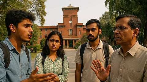 पीछे कॉलेज है, उसके आगे खड़े हुए लोग आपस में बात चित करते हुए