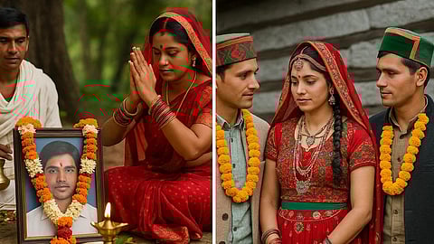 इस तस्वीर में दो अलग- अलग परंपराओं को दर्शाया गया है जस में कुछ पुरुष और और महिला दोनों एक साथ खड़े दिखाई दे रहे है