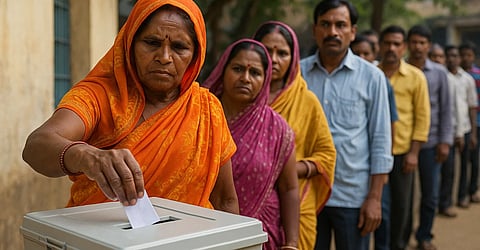 इस तस्वीर में महिलाएँ और पुरुष पंक्ति में लगकर वोट डाल रहे हैं।