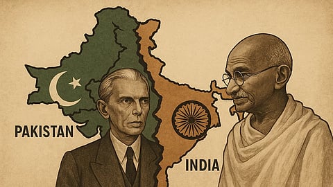 इस तस्वीर में इंडिया का मैप है और साथ ही गाँधी जी भी दिख रहे है, और कुछ इंग्लिश में टेक्स्ट भी लिखा है