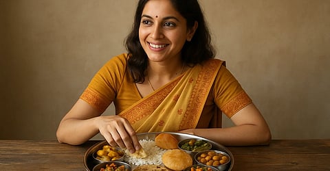 इस तस्वीर में एक महिला खाना खाती हुई दिखाई दे रही है।