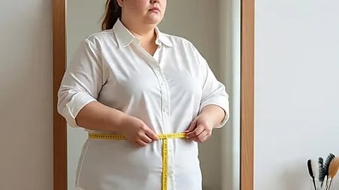 एक महिला अपने पेट को इनच टेप से नापती हुई|