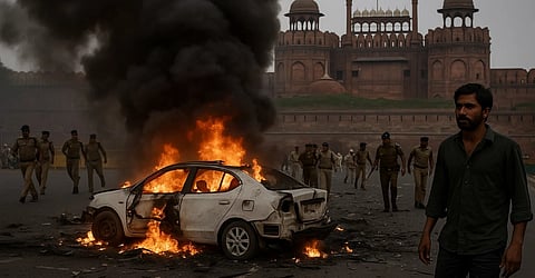 इस तस्वीर में एक सफेद रंग की कार दिखाई दे रही है, जिसमें आग लगी हुई है और आस-पास पुलिस मौजूद है।